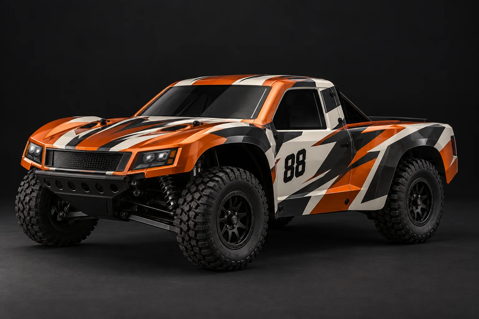 Original orange, ivory, and black racing livery concept on a short-course RC truck